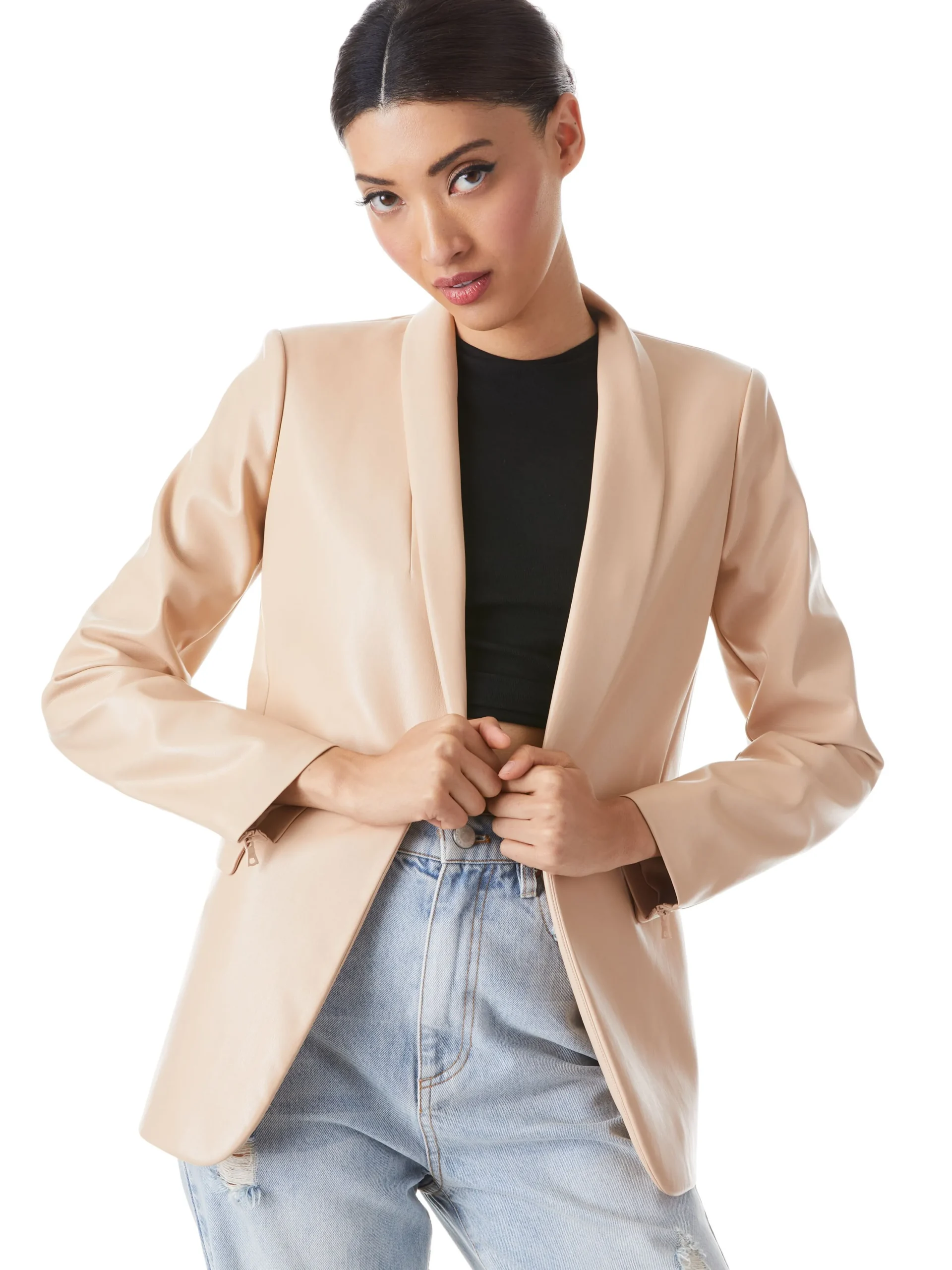 Alice and Olivia VEGAN LEATHER|ESSENTIALS*MACEY VEGAN LEATHER SHAWL COLLAR BLAZER