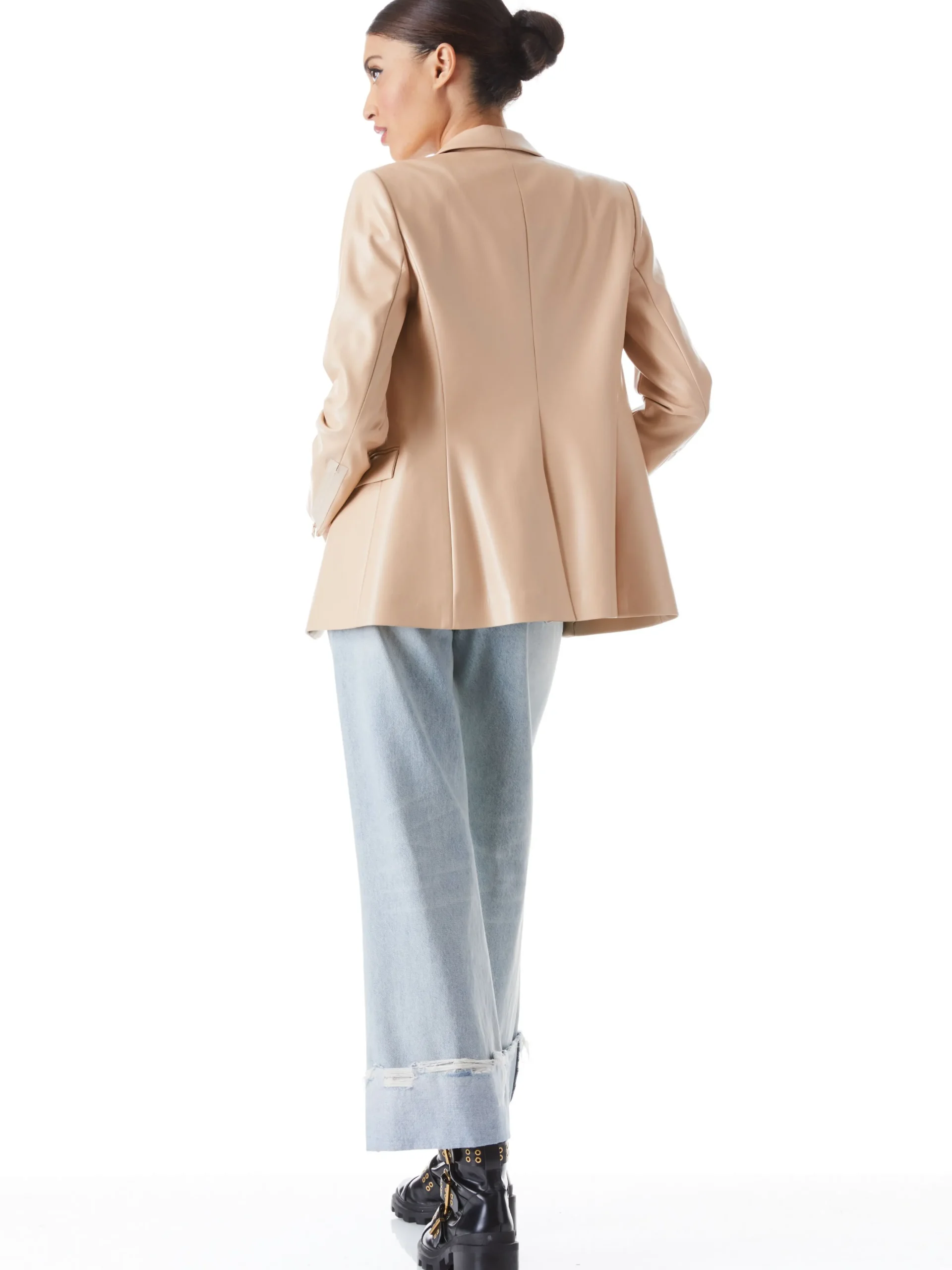Alice and Olivia VEGAN LEATHER|ESSENTIALS*MACEY VEGAN LEATHER SHAWL COLLAR BLAZER