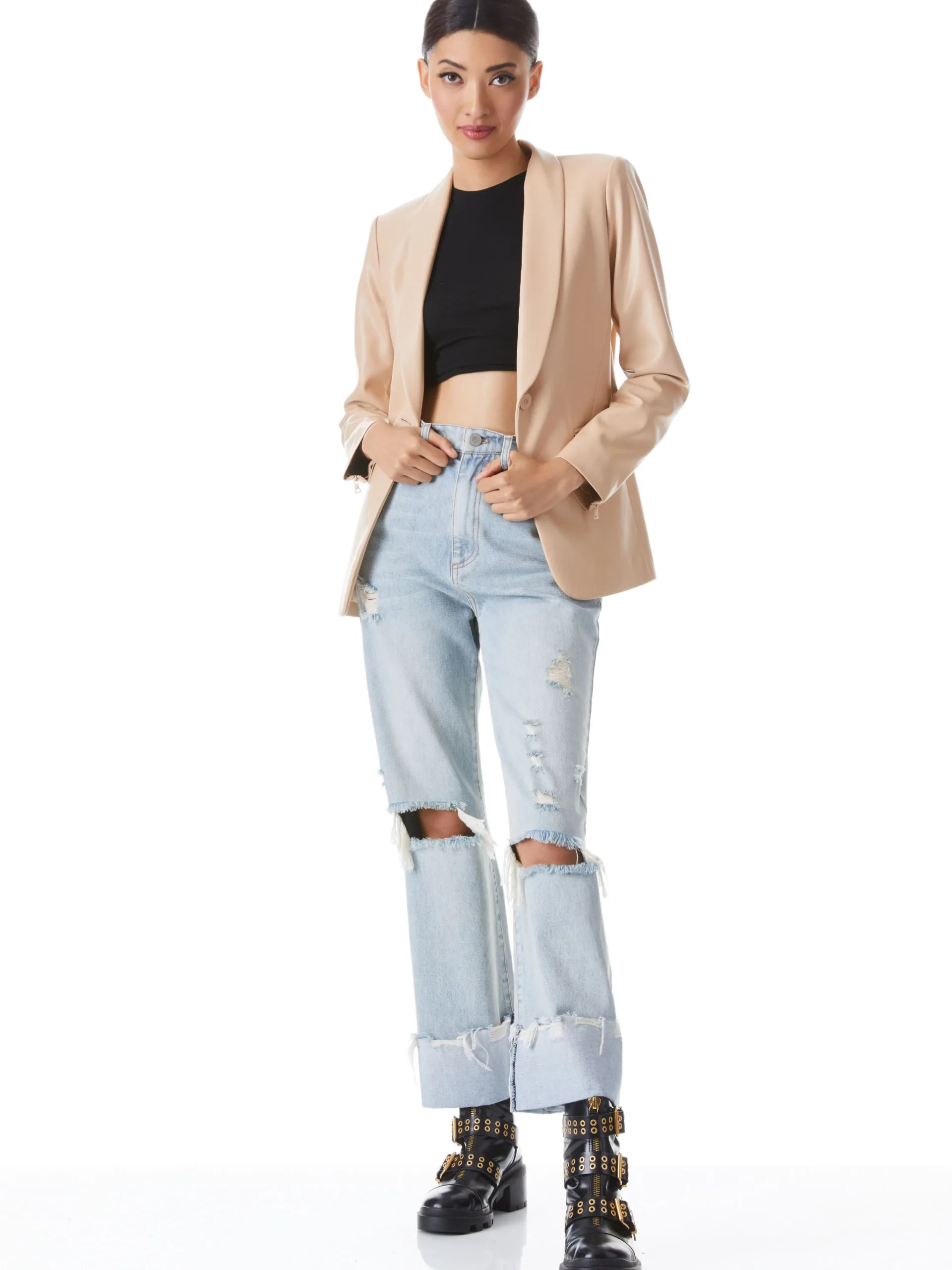 Alice and Olivia VEGAN LEATHER|ESSENTIALS*MACEY VEGAN LEATHER SHAWL COLLAR BLAZER