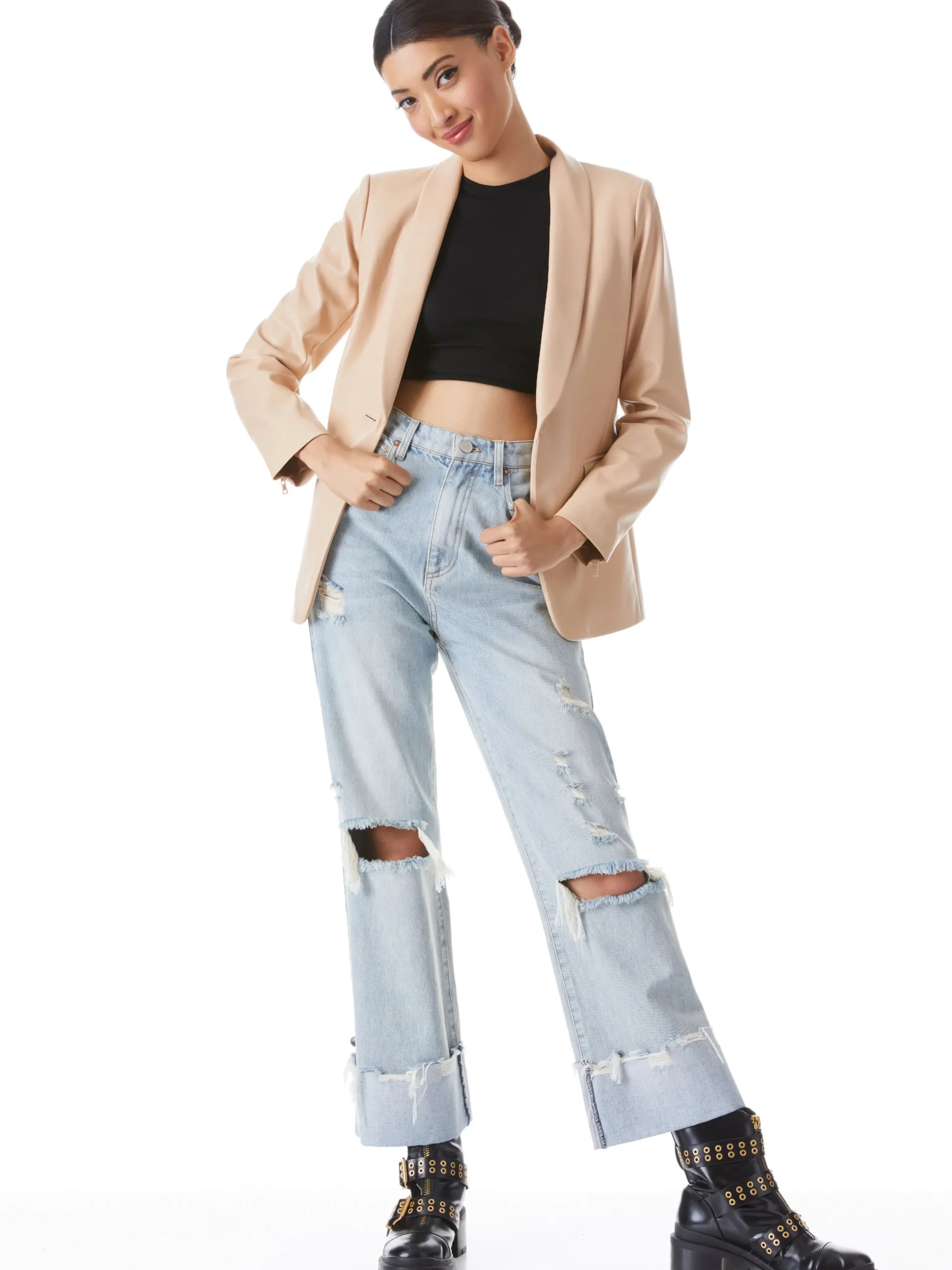 Alice and Olivia VEGAN LEATHER|ESSENTIALS*MACEY VEGAN LEATHER SHAWL COLLAR BLAZER