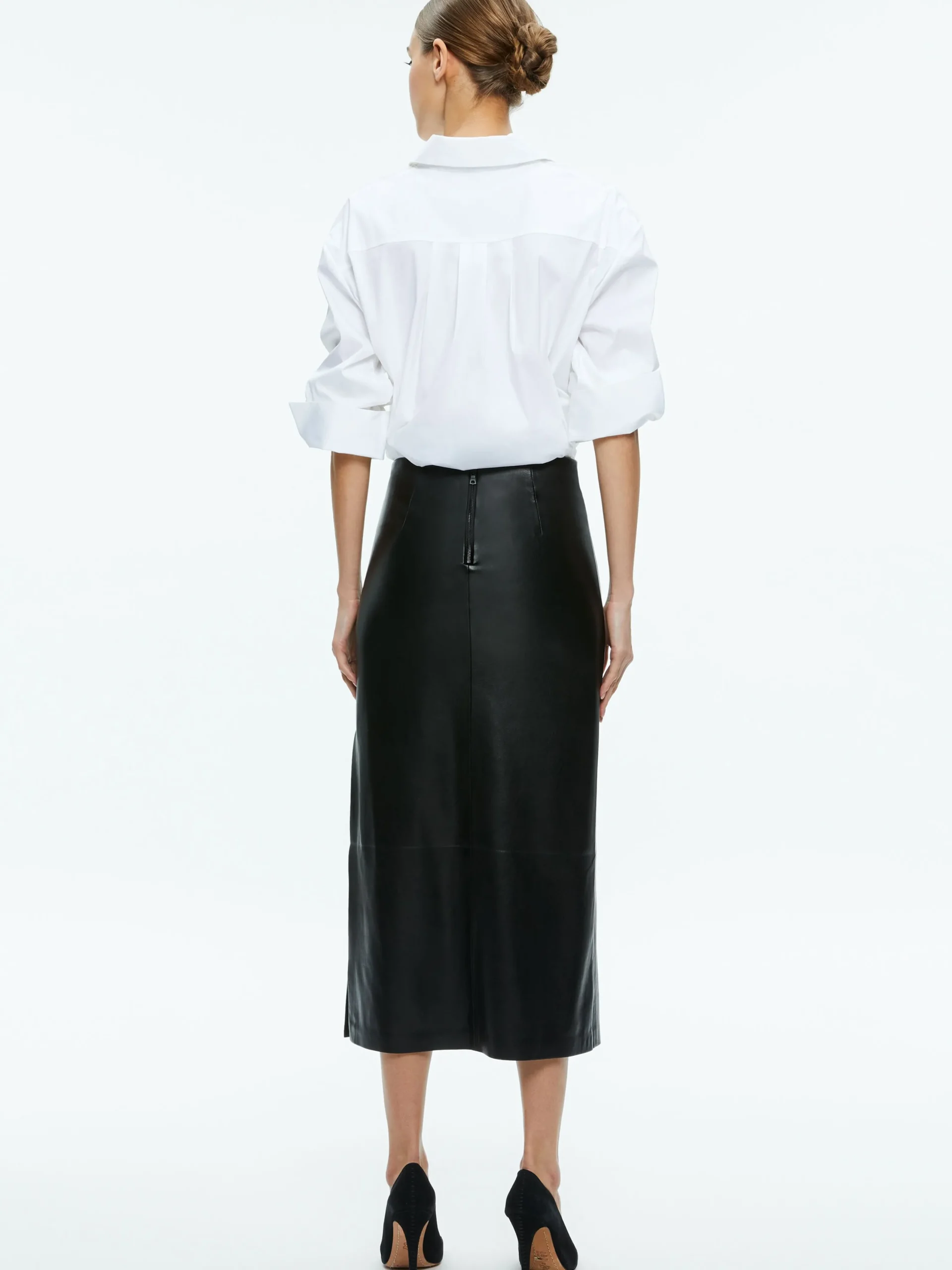 Alice and Olivia VEGAN LEATHER|ESSENTIALS*MAEVE VEGAN LEATHER MIDI SKIRT