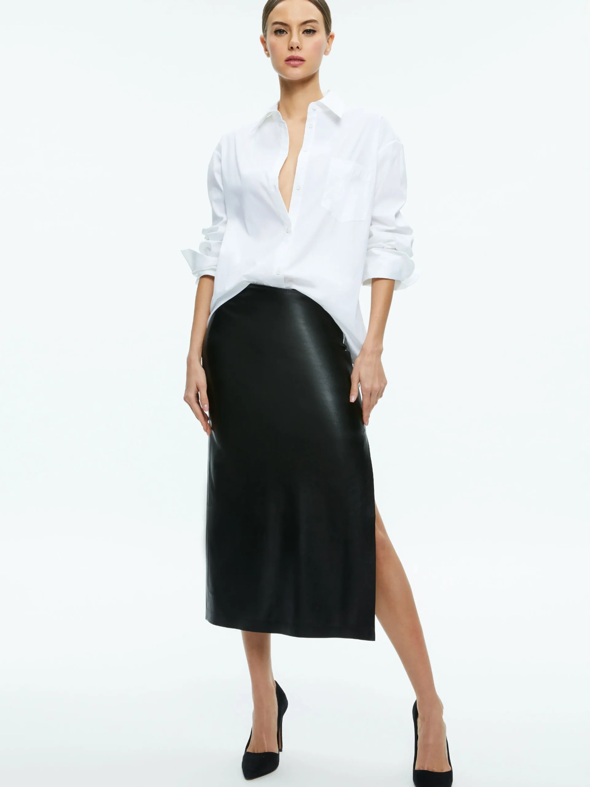 Alice and Olivia VEGAN LEATHER|ESSENTIALS*MAEVE VEGAN LEATHER MIDI SKIRT