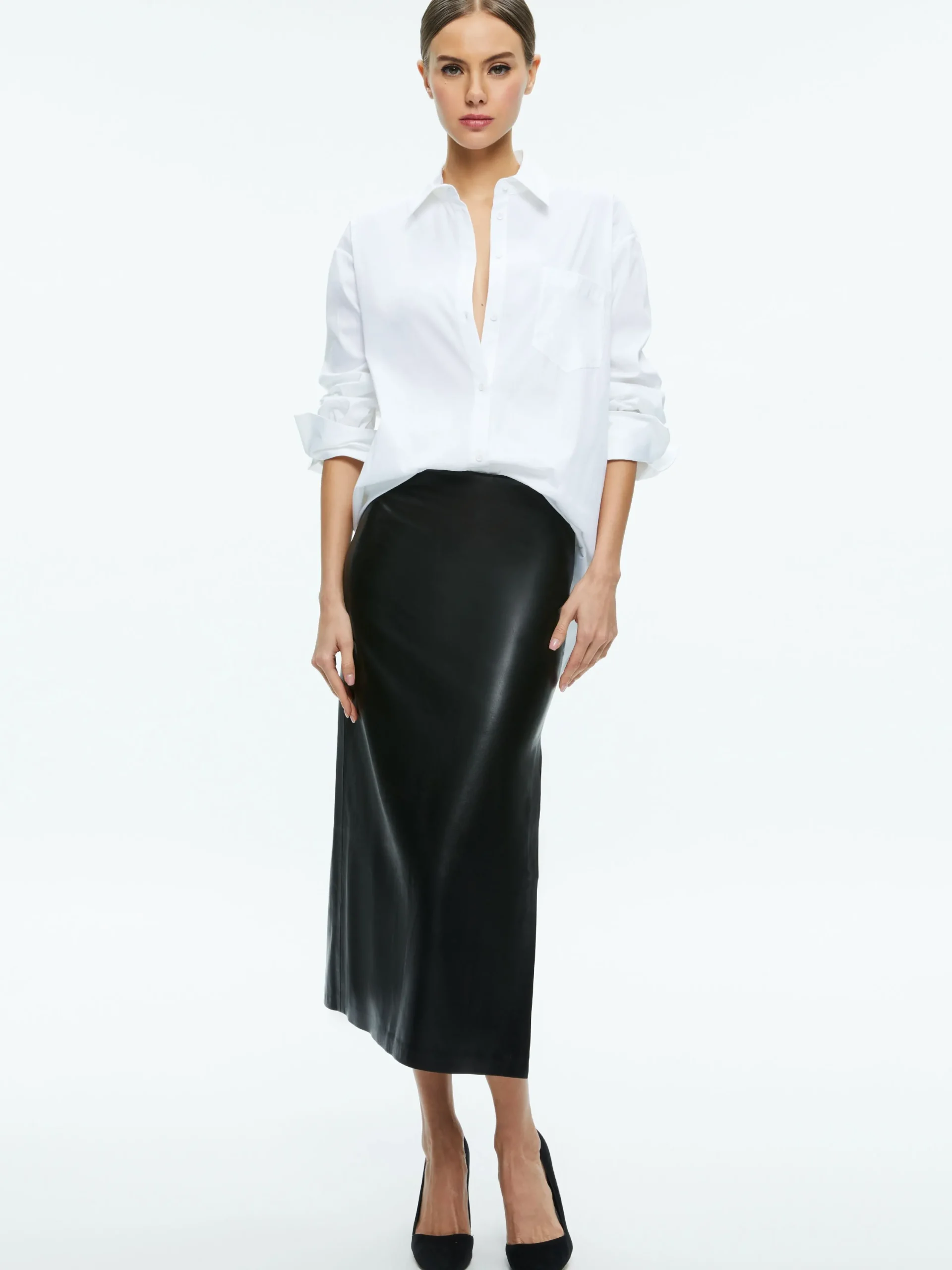 Alice and Olivia VEGAN LEATHER|ESSENTIALS*MAEVE VEGAN LEATHER MIDI SKIRT