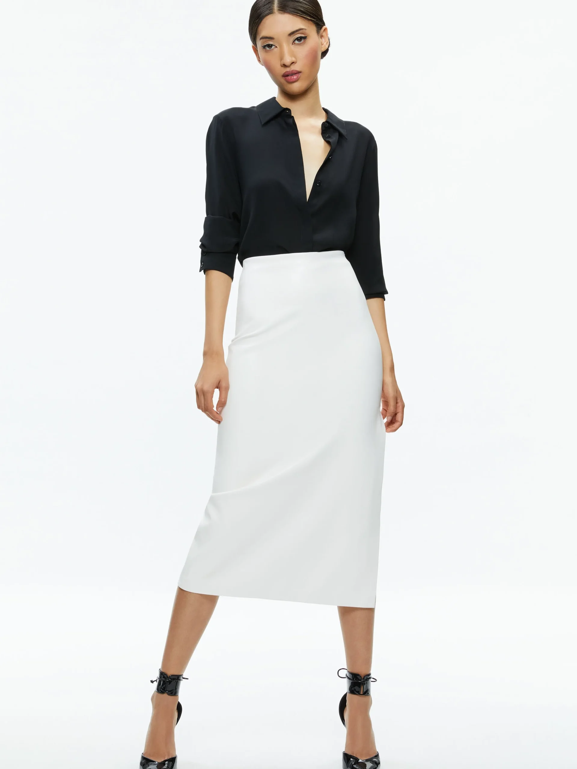 Alice and Olivia VEGAN LEATHER|ESSENTIALS*MAEVE VEGAN LEATHER MIDI SKIRT