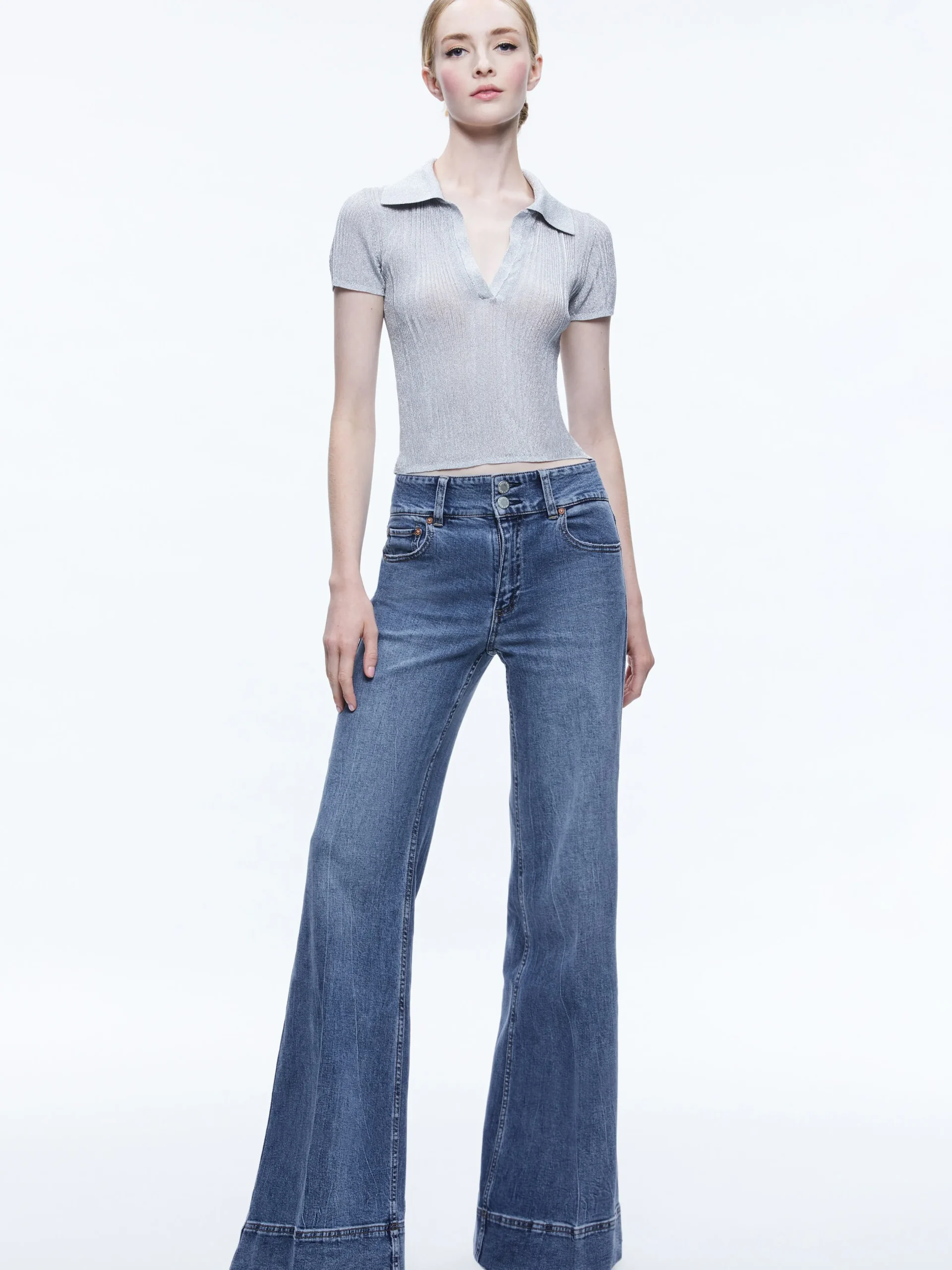 Alice and Olivia TOPS*MARTHA METALLIC POLO CROP TOP