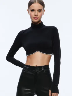 Alice and Olivia TOPS*MELANGE RHINESTONE CROPPED TURTLENECK