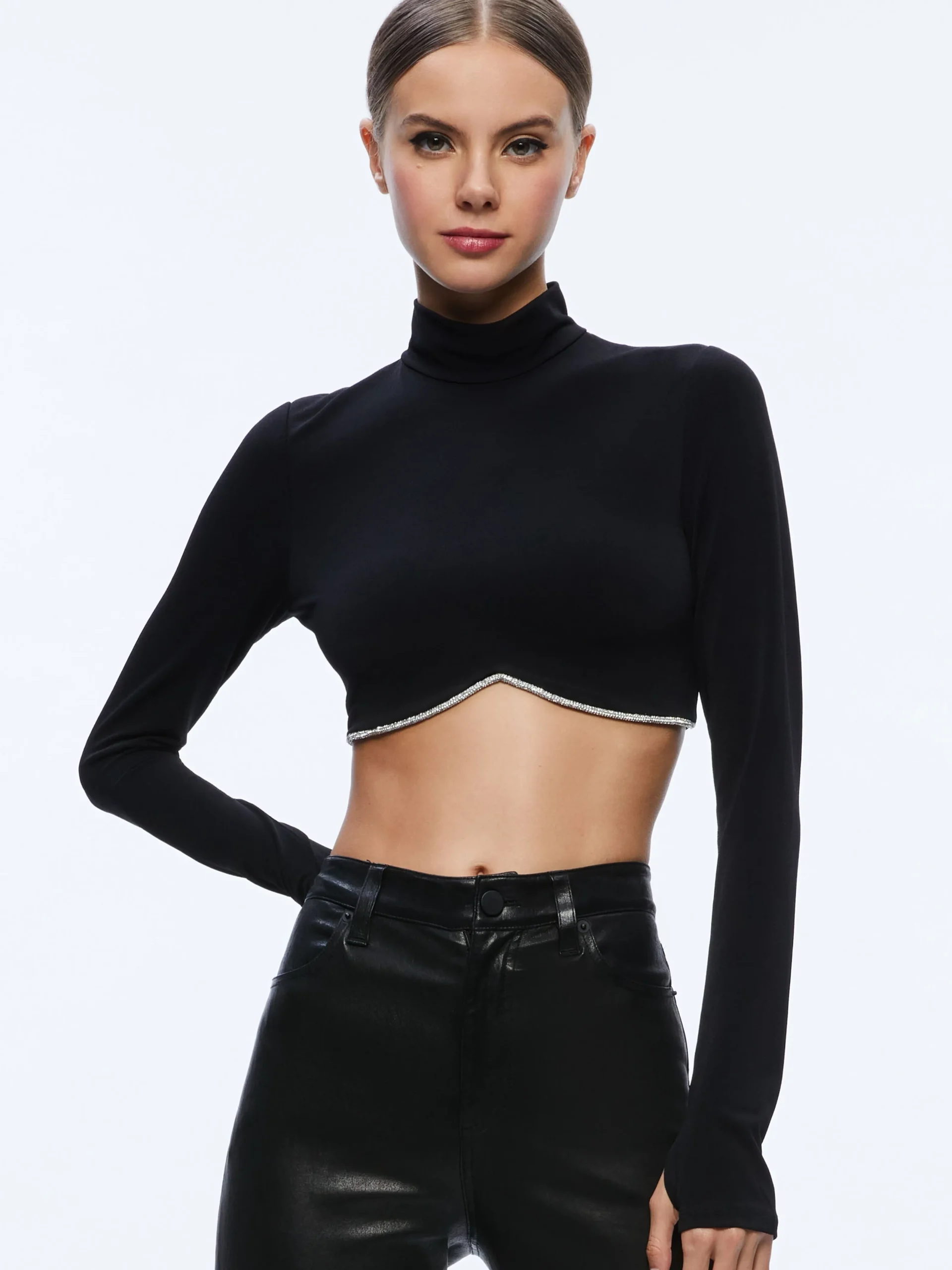 Alice and Olivia TOPS*MELANGE RHINESTONE CROPPED TURTLENECK