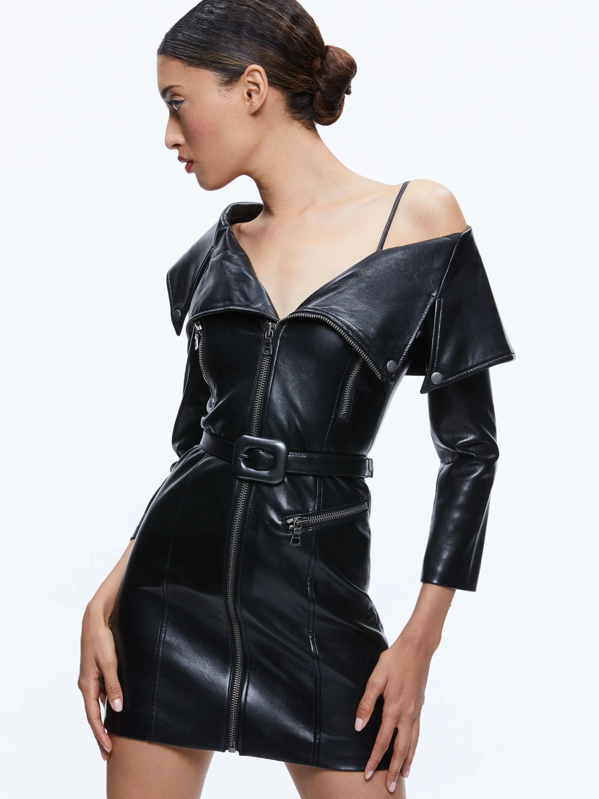 Alice and Olivia VEGAN LEATHER|MINI*MIARA VEGAN LEATHER MOTO DRESS