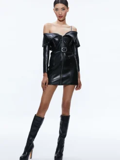 Alice and Olivia VEGAN LEATHER|MINI*MIARA VEGAN LEATHER MOTO DRESS