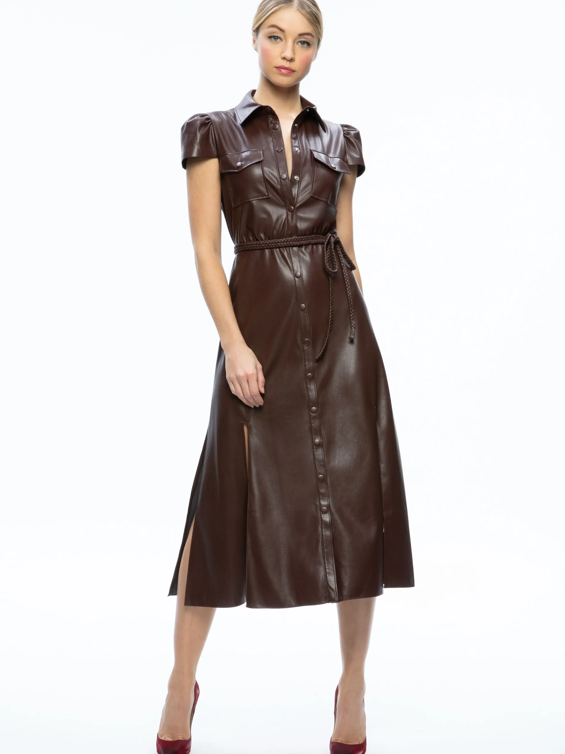 Alice and Olivia VEGAN LEATHER|ESSENTIALS*MIRANDA VEGAN LEATHER MIDI DRESS