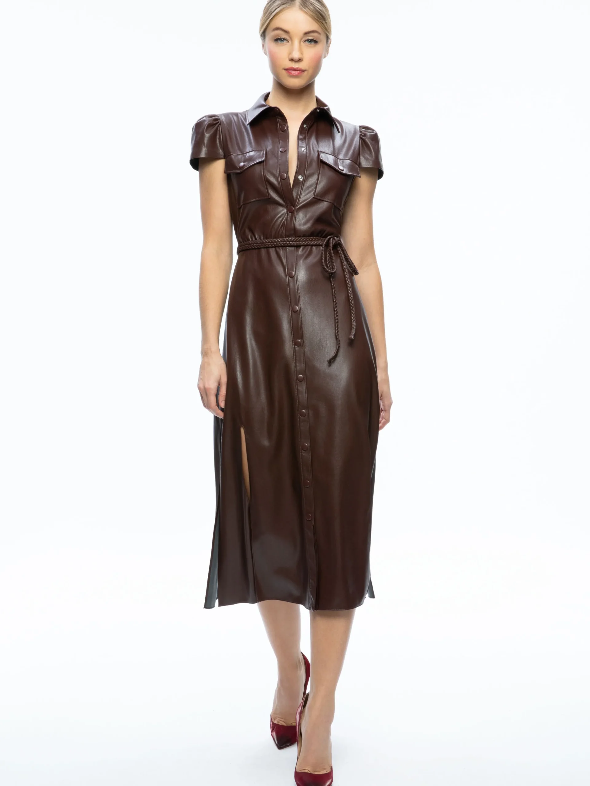 Alice and Olivia VEGAN LEATHER|ESSENTIALS*MIRANDA VEGAN LEATHER MIDI DRESS