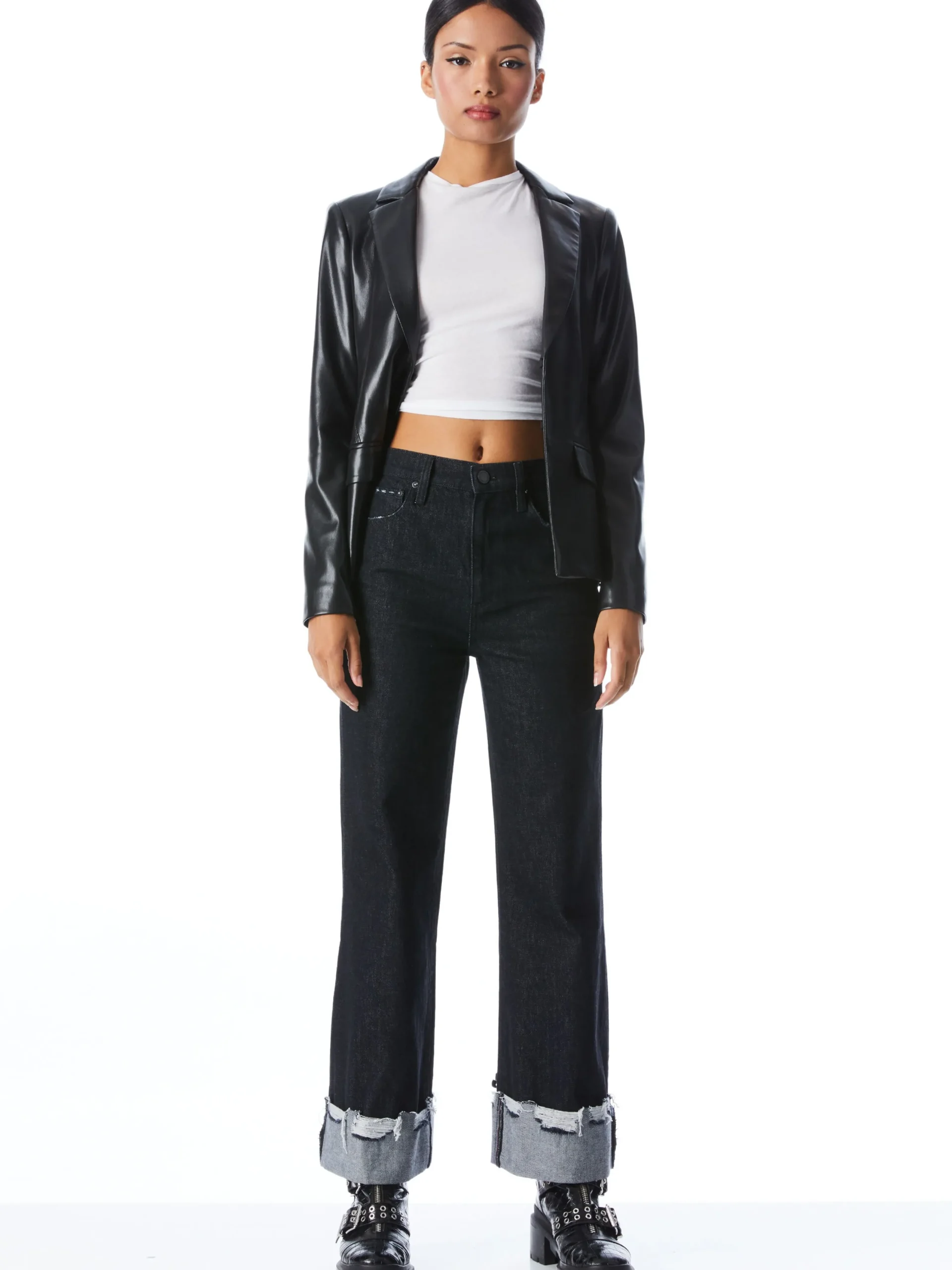 Alice and Olivia VEGAN LEATHER|ESSENTIALS*MYA VEGAN LEATHER NOTCH COLLAR BLAZER