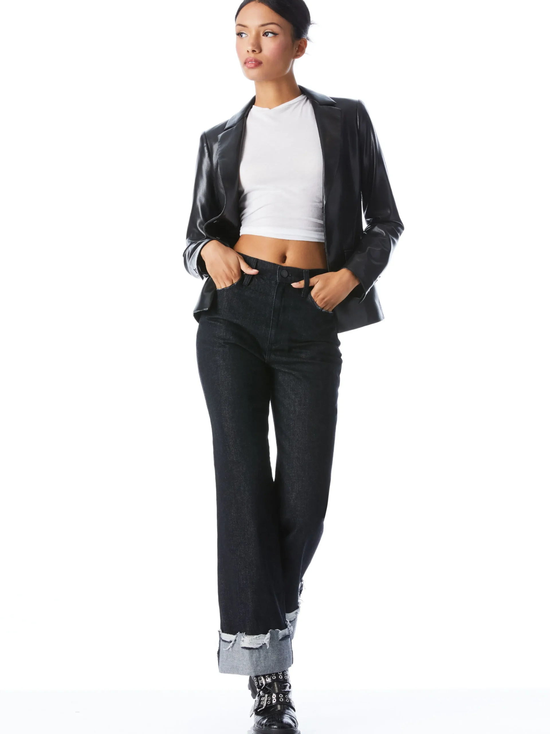Alice and Olivia VEGAN LEATHER|ESSENTIALS*MYA VEGAN LEATHER NOTCH COLLAR BLAZER