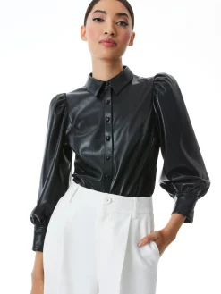 Alice and Olivia VEGAN LEATHER|ESSENTIALS*NADINE VEGAN LEATHER BUTTON DOWN