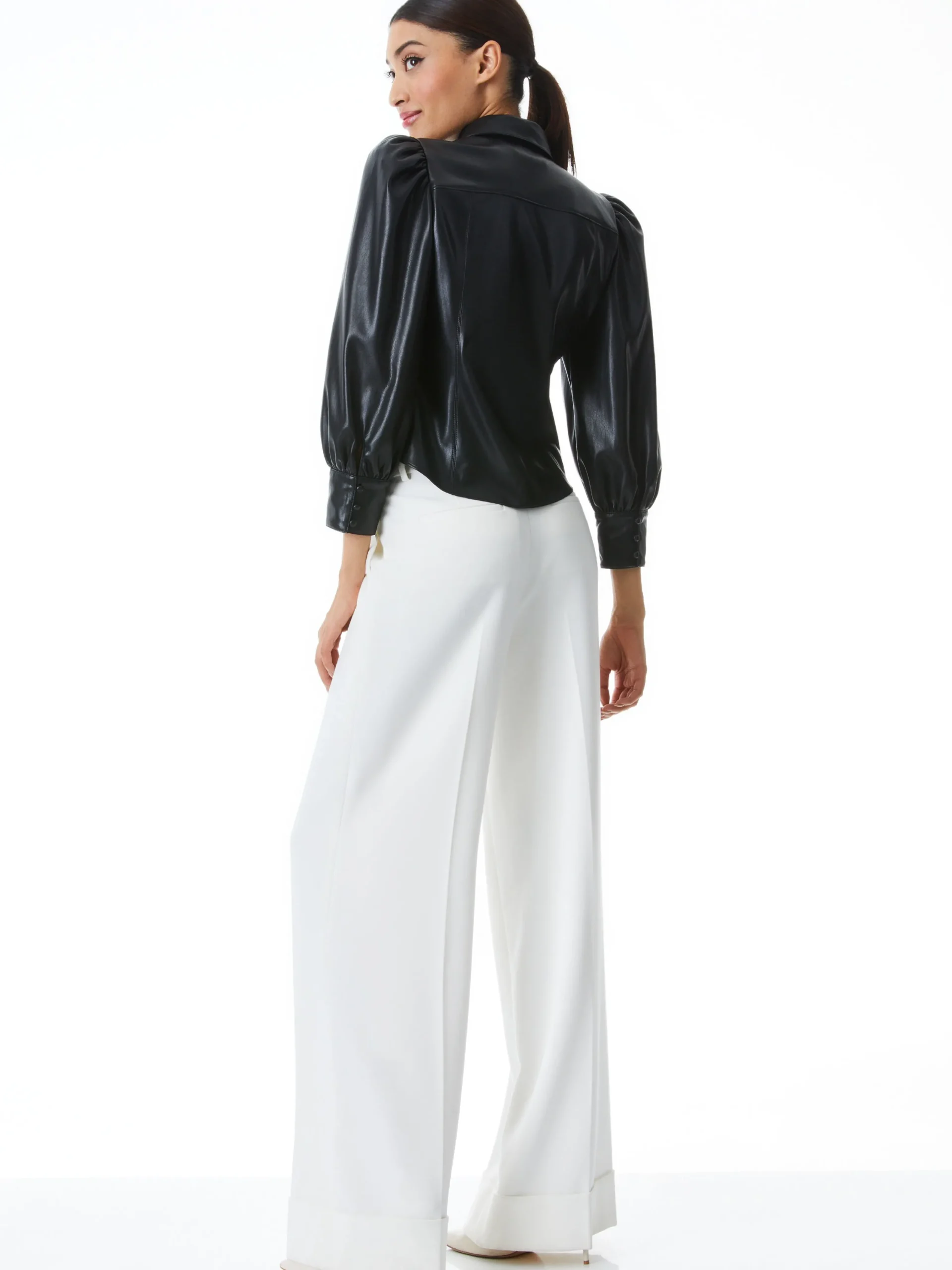 Alice and Olivia VEGAN LEATHER|ESSENTIALS*NADINE VEGAN LEATHER BUTTON DOWN