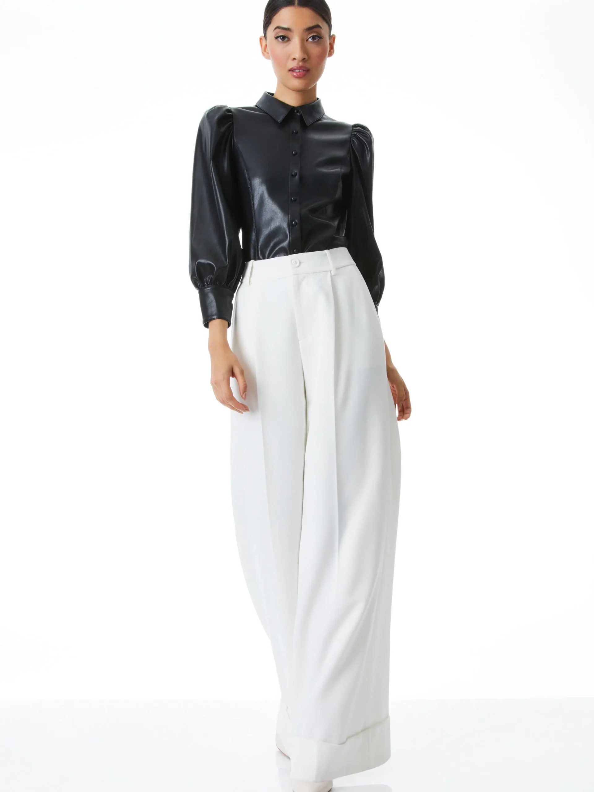 Alice and Olivia VEGAN LEATHER|ESSENTIALS*NADINE VEGAN LEATHER BUTTON DOWN