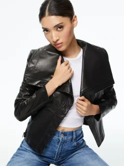 Alice and Olivia ESSENTIALS|JACKETS + COATS*NITA LEATHER DRAPE FRONT JACKET