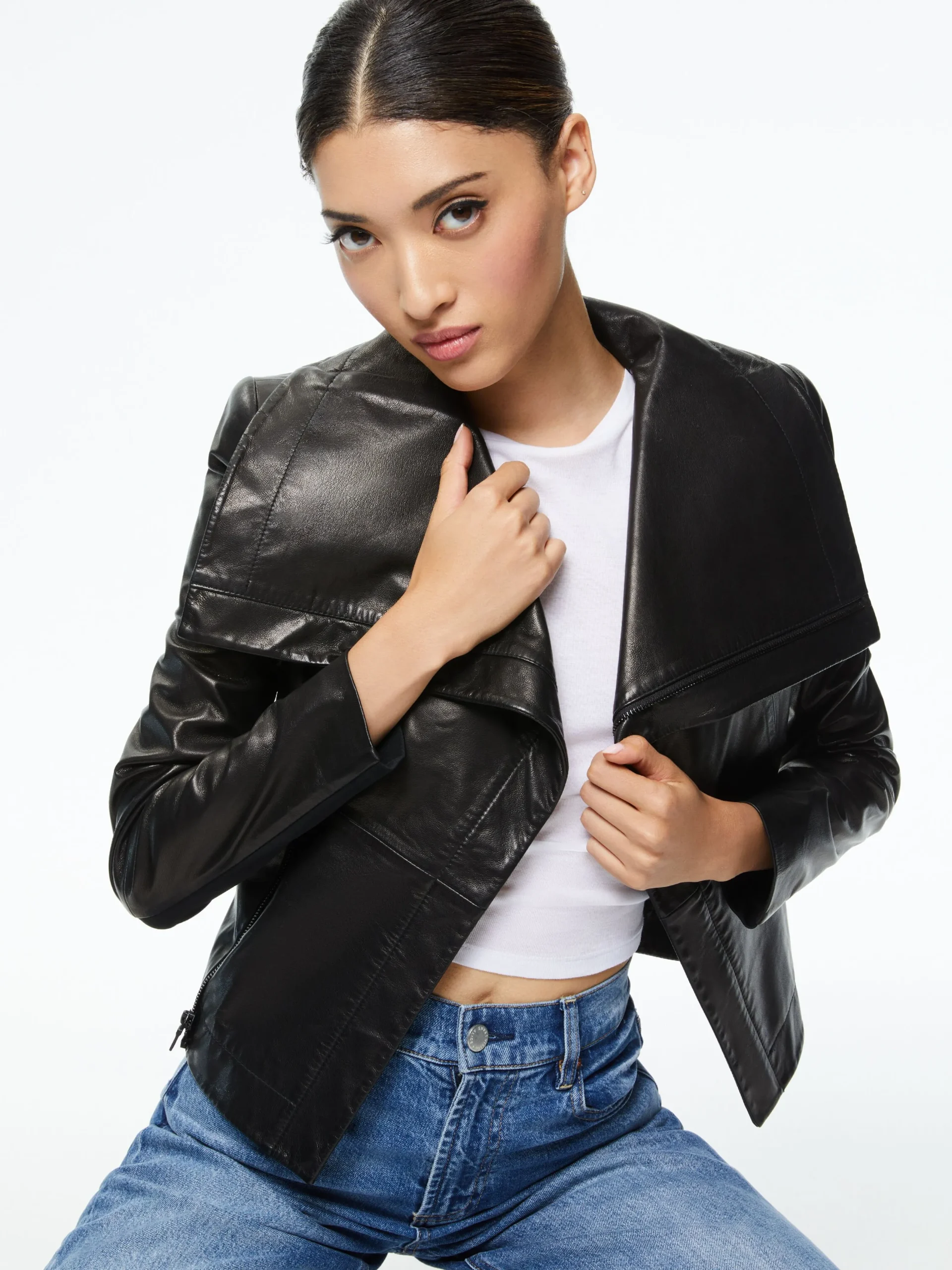 Alice and Olivia ESSENTIALS|JACKETS + COATS*NITA LEATHER DRAPE FRONT JACKET