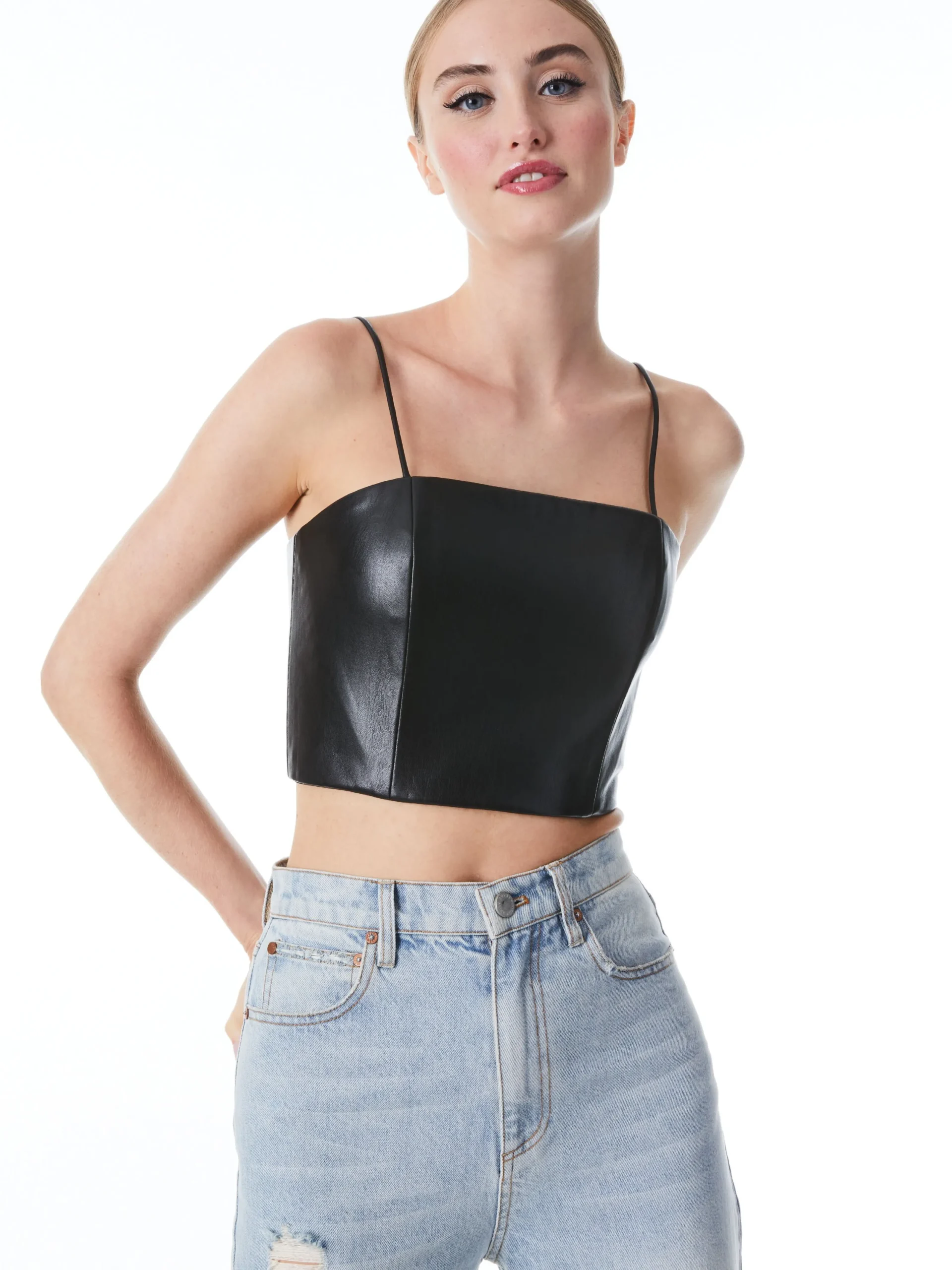 Alice and Olivia VEGAN LEATHER|ESSENTIALS*PEARLE VEGAN LEATHER SPAGHETTI STRAP BUSTIER