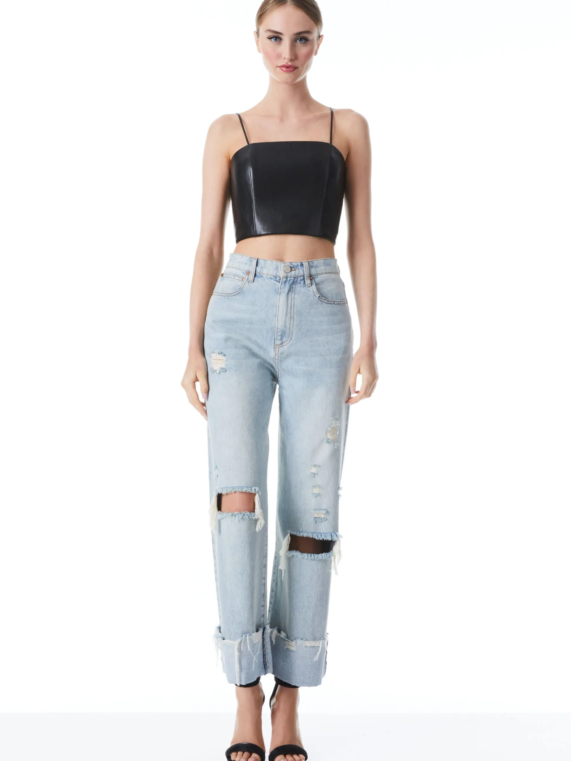 Alice and Olivia VEGAN LEATHER|ESSENTIALS*PEARLE VEGAN LEATHER SPAGHETTI STRAP BUSTIER