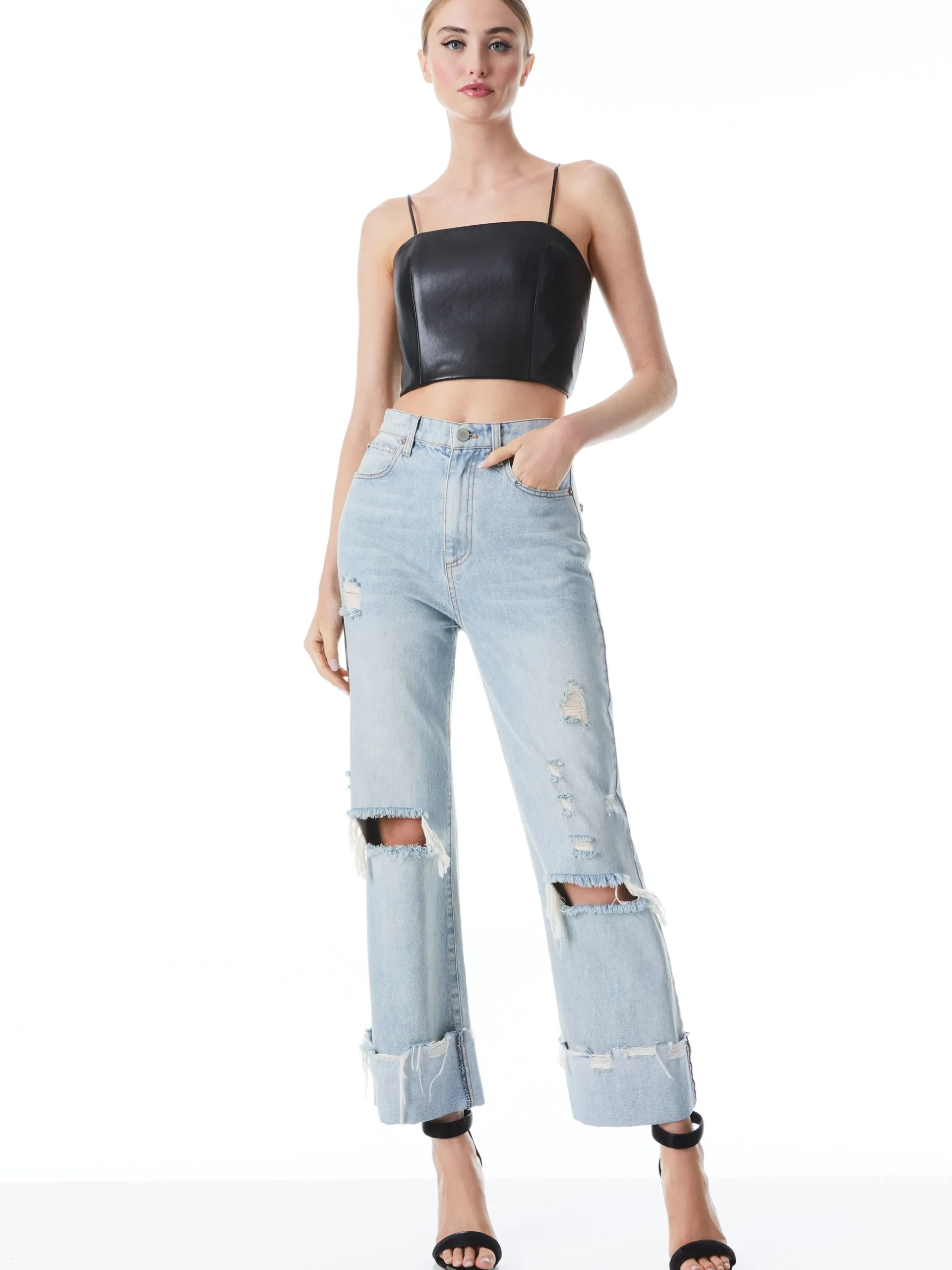 Alice and Olivia VEGAN LEATHER|ESSENTIALS*PEARLE VEGAN LEATHER SPAGHETTI STRAP BUSTIER