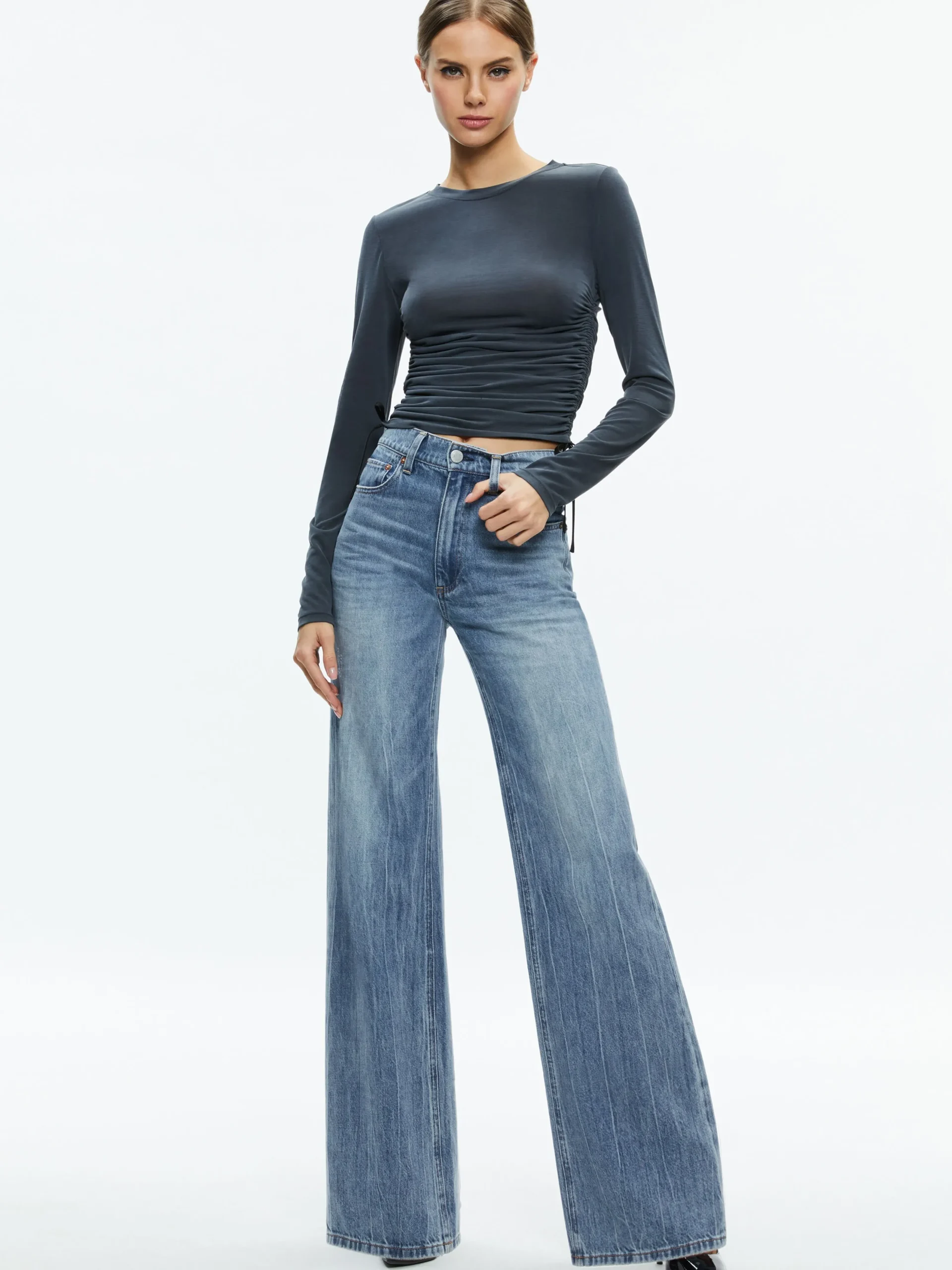 Alice and Olivia ESSENTIALS|TOPS*PERCY CREWNECK RUCHED CROPPED TOP