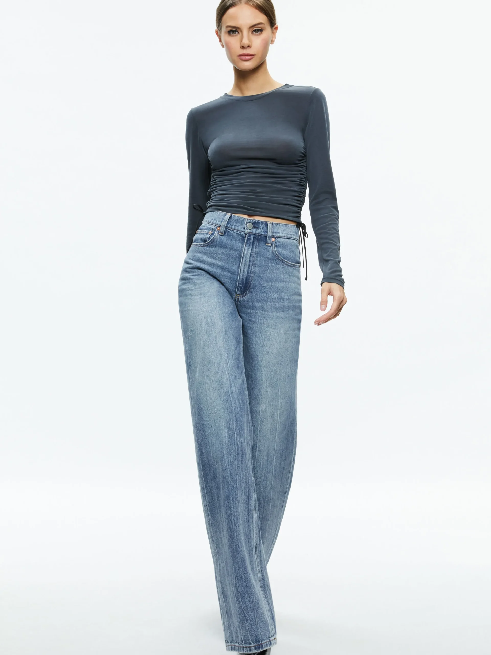 Alice and Olivia ESSENTIALS|TOPS*PERCY CREWNECK RUCHED CROPPED TOP