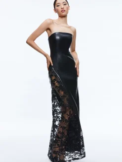 Alice and Olivia VEGAN LEATHER|GUEST OF*RETHA VEGAN LEATHER LACE MAXI DRESS