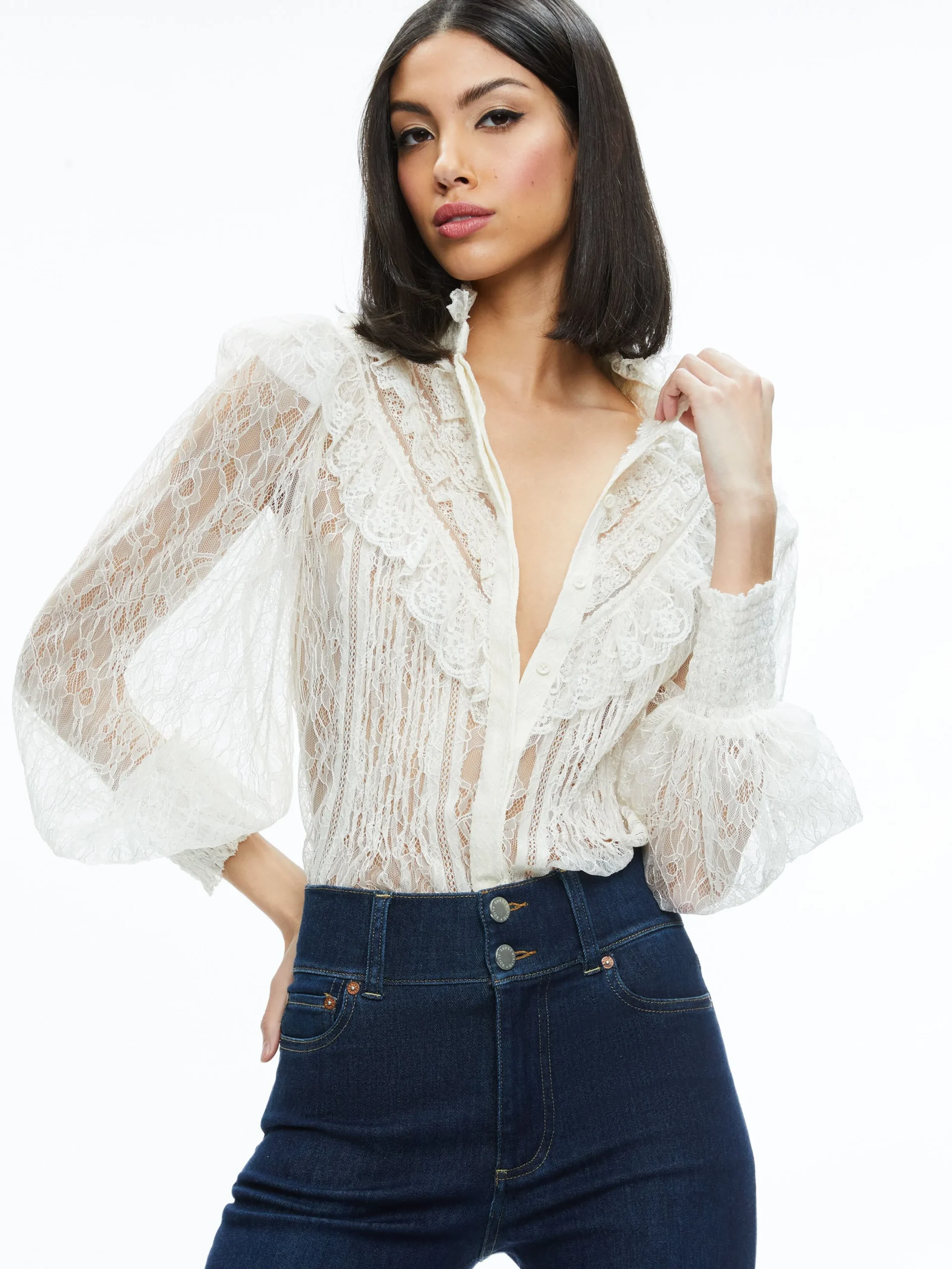 Alice and Olivia VALENTINE'S DAY EDIT|TOPS*RHEBA MOCK NECK BUTTON FRONT LACE TOP