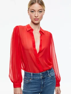 Alice and Olivia TOPS*ROANNE BLOUSON SLEEVE BUTTON DOWN