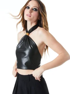 Alice and Olivia TOPS*SADE VEGAN LEATHER HALTER NECK CROP TOP
