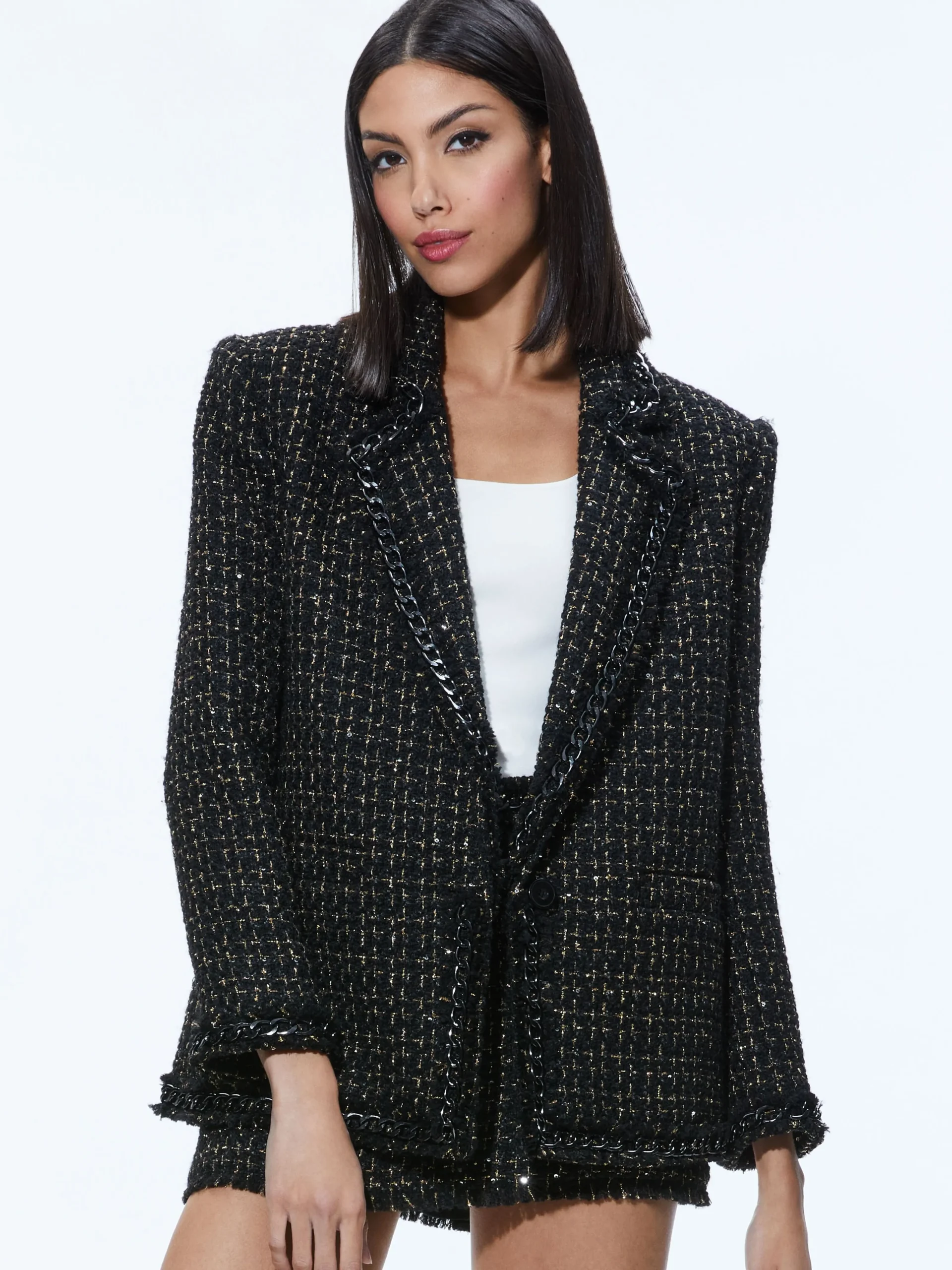 Alice and Olivia SUITS|JACKETS + COATS*SHAN TWEED CHAIN TRIM BLAZER