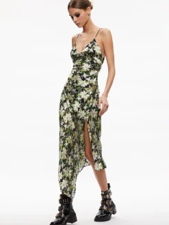 Alice and Olivia GUEST OF|MIDI*SHAWNA ASYMMETRICAL SLIP DRES