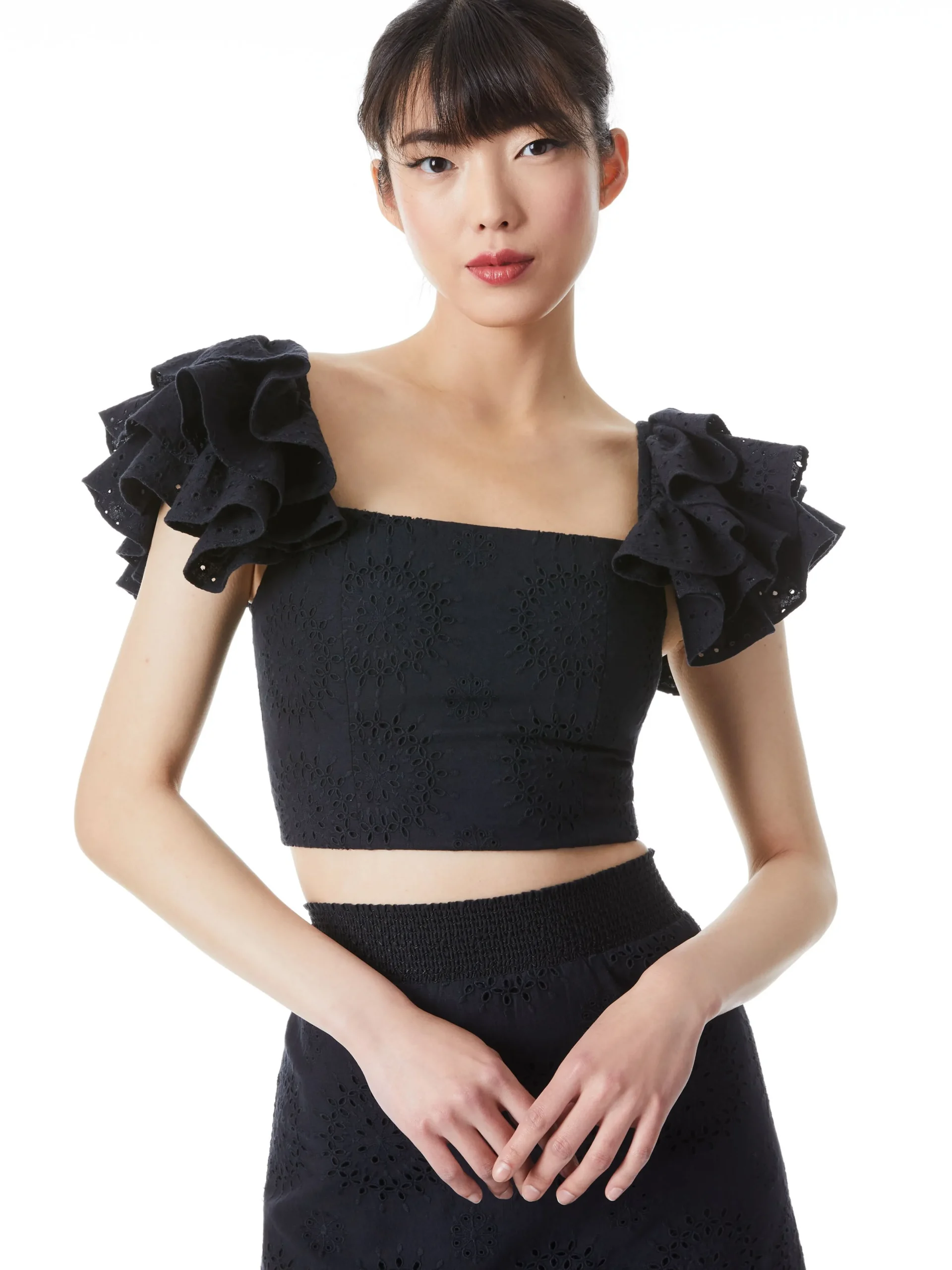 Alice and Olivia TOPS*TAWNY EYELET SQUARE NECK RUFFLE CROP TOP