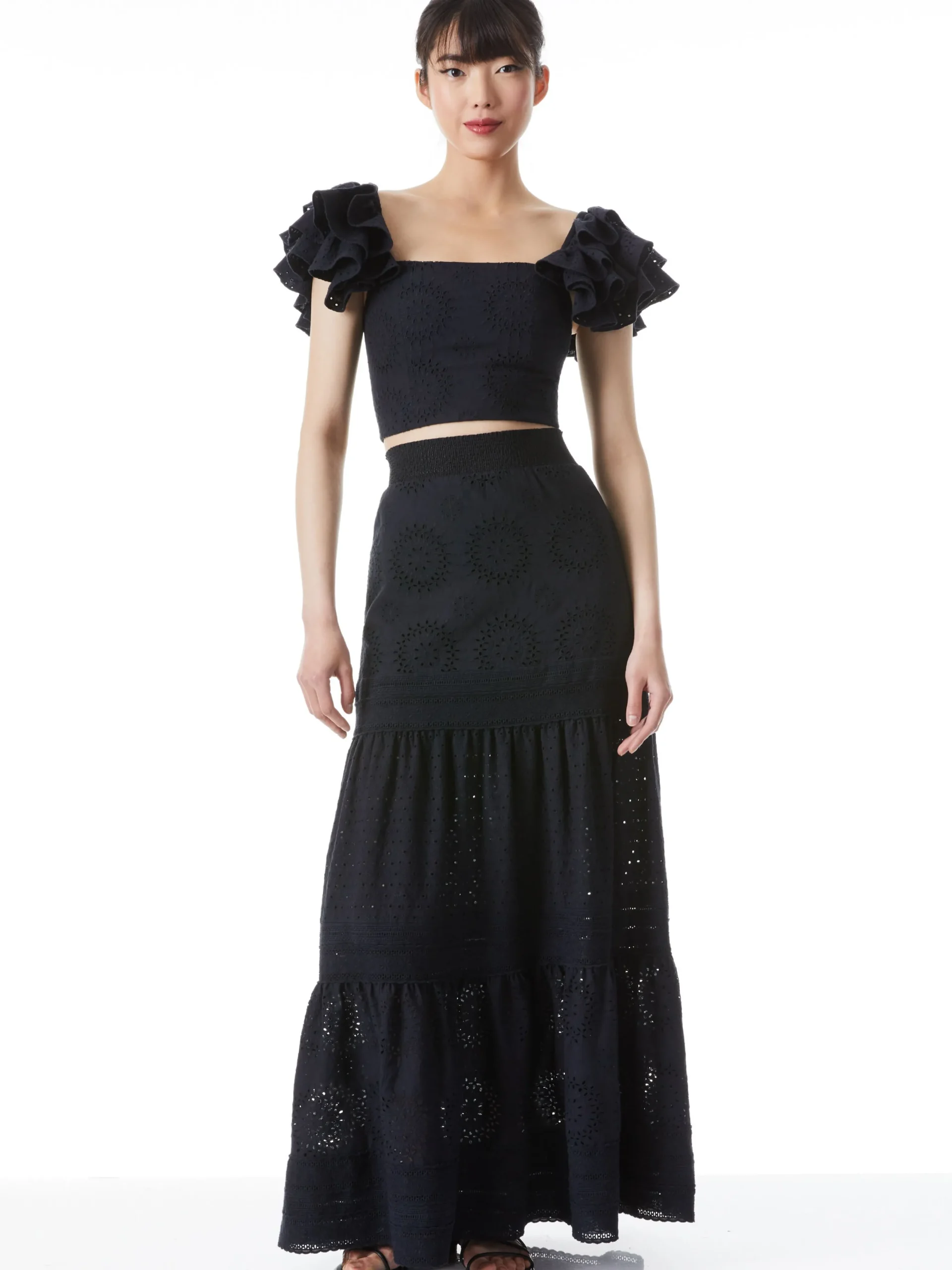Alice and Olivia TOPS*TAWNY EYELET SQUARE NECK RUFFLE CROP TOP