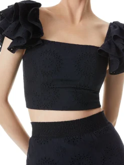 Alice and Olivia TOPS*TAWNY EYELET SQUARE NECK RUFFLE CROP TOP