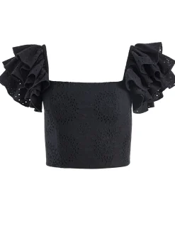 Alice and Olivia TOPS*TAWNY EYELET SQUARE NECK RUFFLE CROP TOP