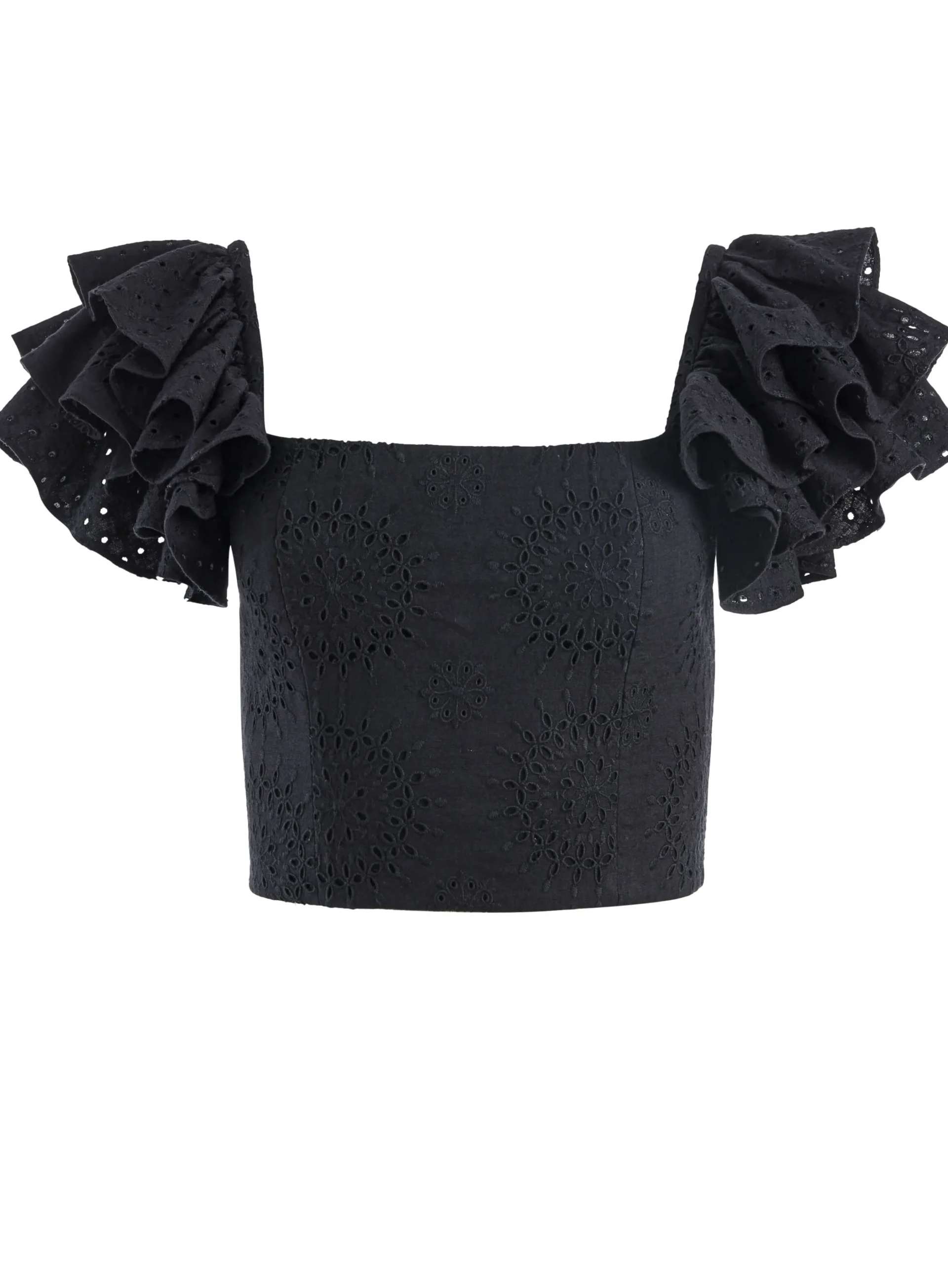 Alice and Olivia TOPS*TAWNY EYELET SQUARE NECK RUFFLE CROP TOP
