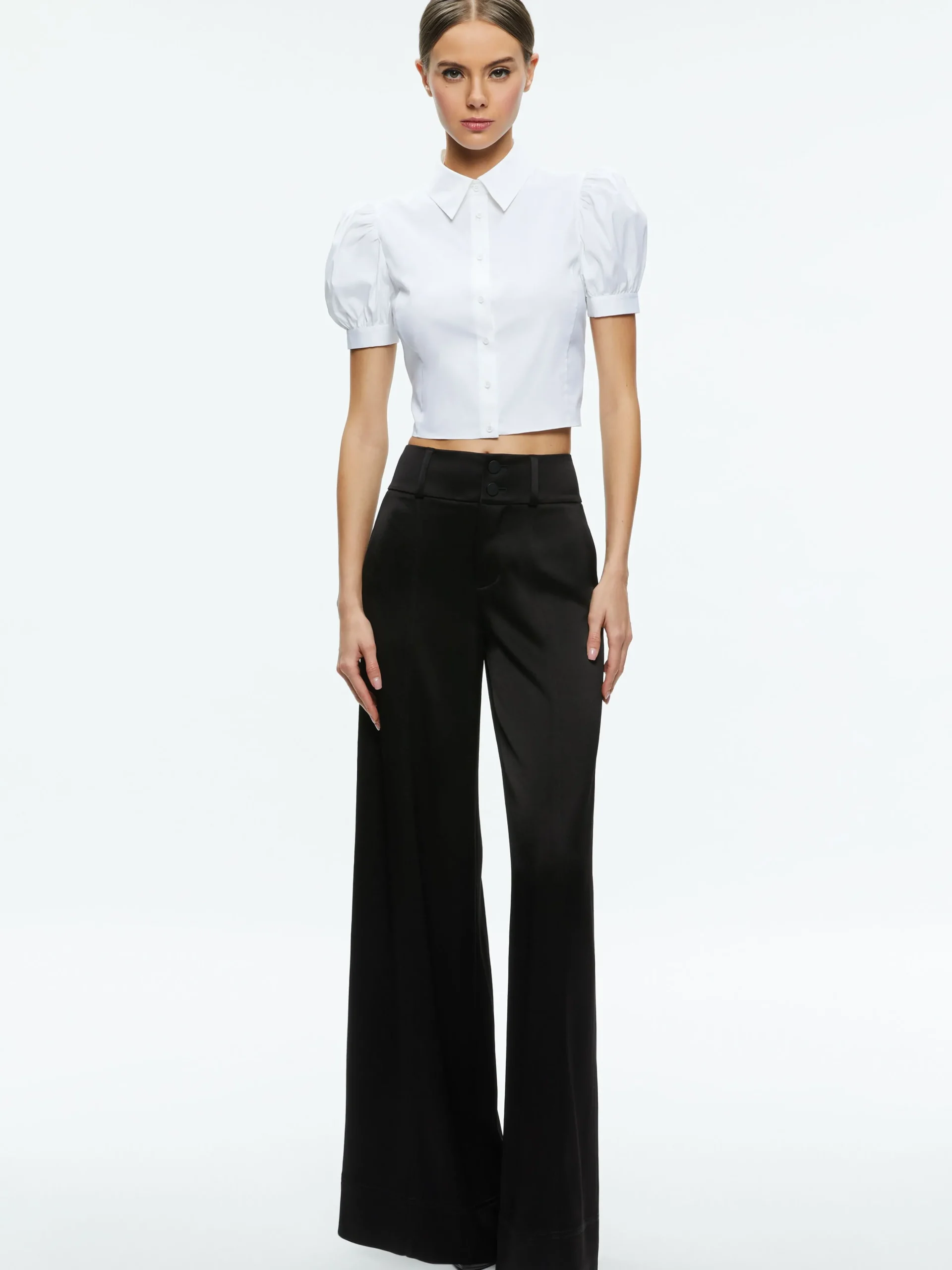 Alice and Olivia ESSENTIALS|THE WORKWEAR EDIT*WILLA CROPPED PUFF SLEEVE BUTTON DOWN