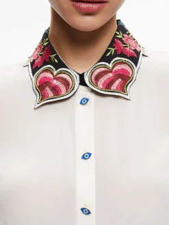 Alice and Olivia TOPS*WILLA EMBROIDERED COLLAR PLACKET TOP