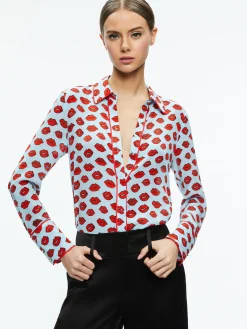 Alice and Olivia VALENTINE'S DAY EDIT|TOPS*WILLA PLACKET TOP WITH PIPING