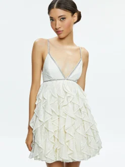 Alice and Olivia GUEST OF|MINI*WILMARIE EMBELLISHED LACE RUFFLE MINI GOWN
