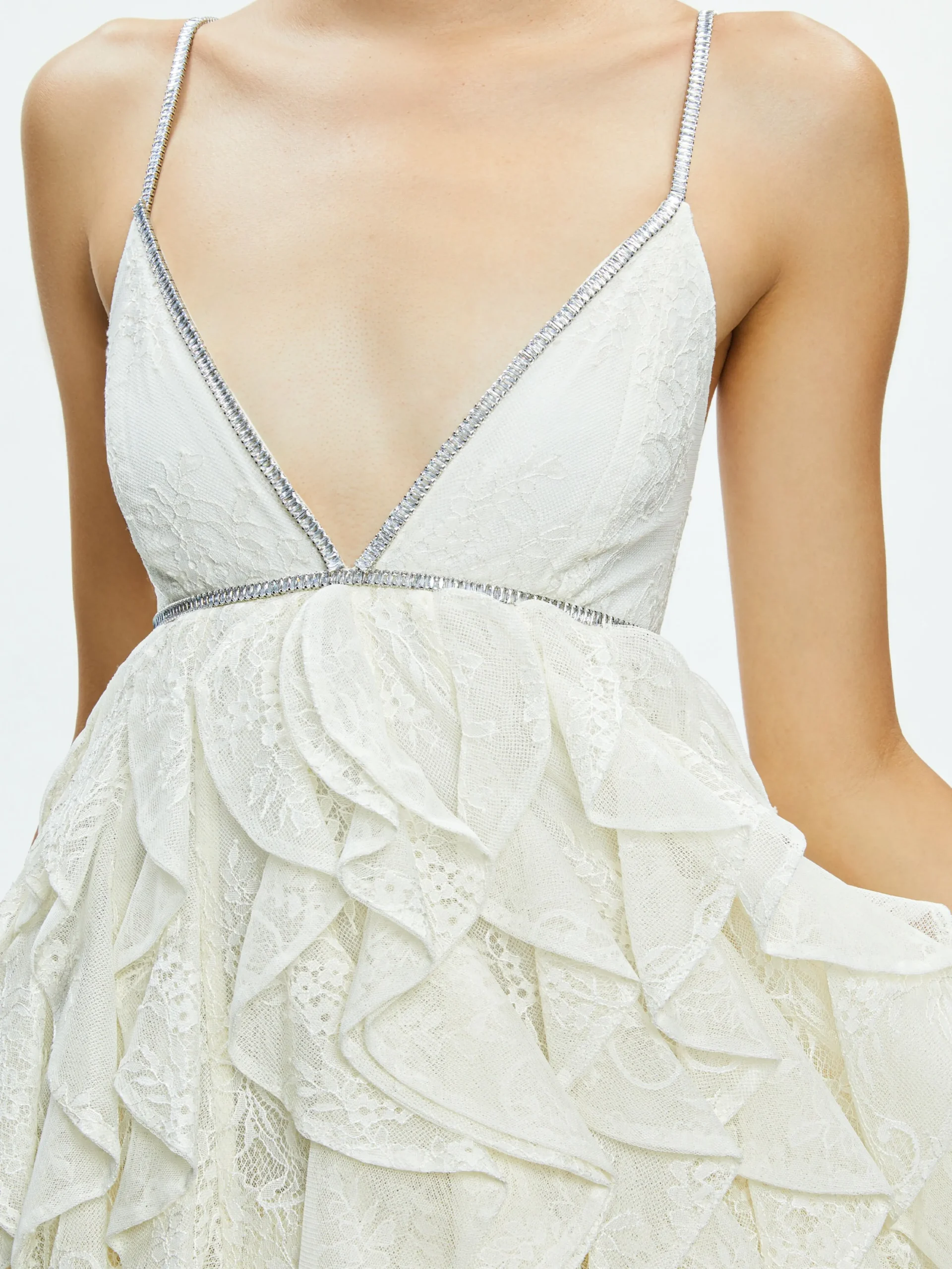 Alice and Olivia GUEST OF|MINI*WILMARIE EMBELLISHED LACE RUFFLE MINI GOWN