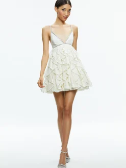Alice and Olivia GUEST OF|MINI*WILMARIE EMBELLISHED LACE RUFFLE MINI GOWN