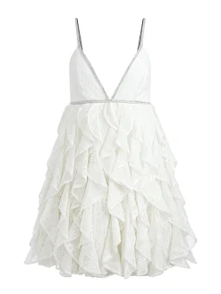 Alice and Olivia GUEST OF|MINI*WILMARIE EMBELLISHED LACE RUFFLE MINI GOWN