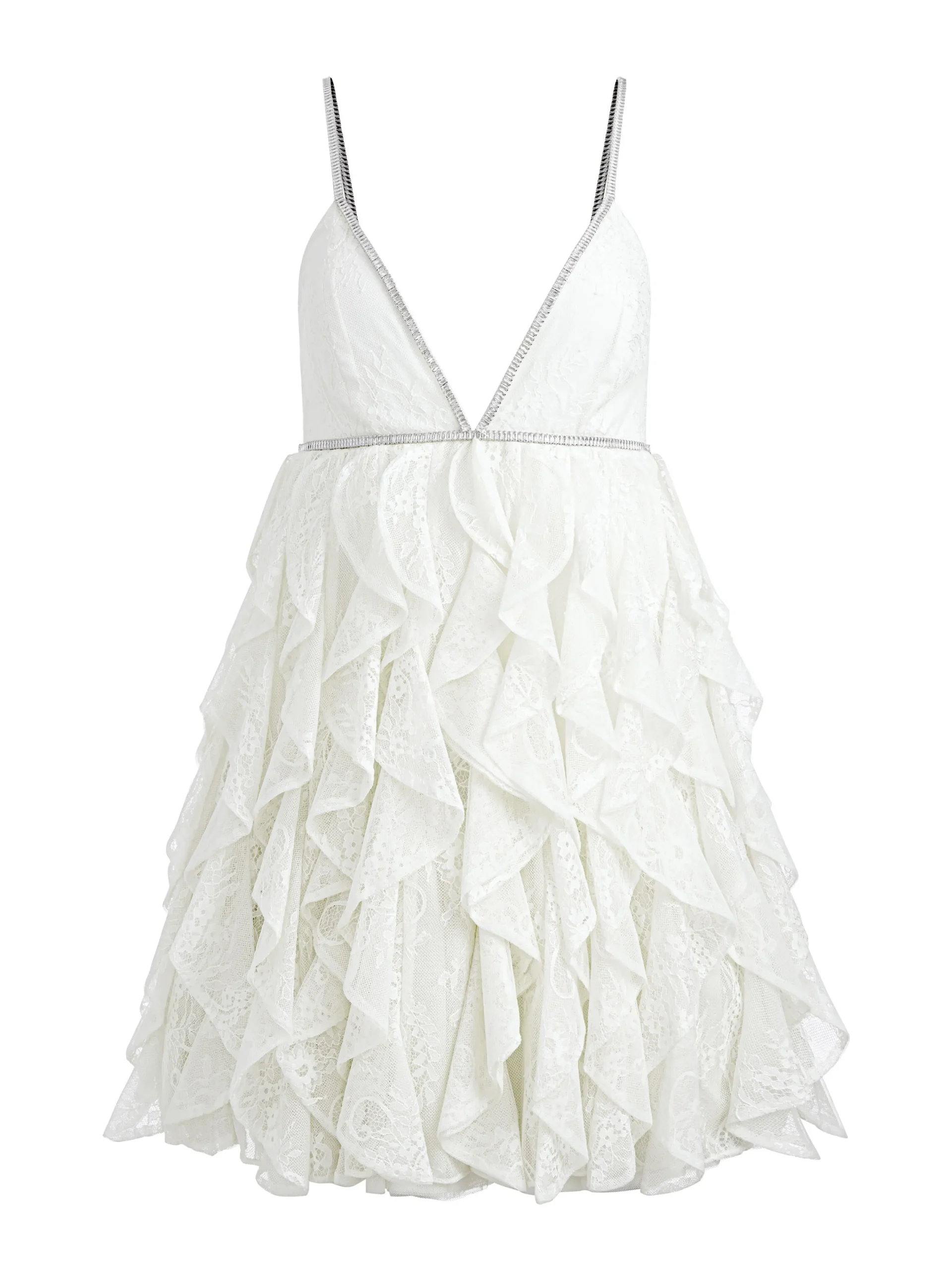 Alice and Olivia GUEST OF|MINI*WILMARIE EMBELLISHED LACE RUFFLE MINI GOWN